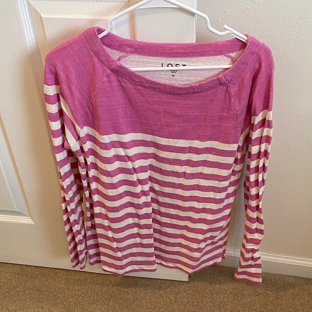 LOFT Pink and Cream Striped Long Sleeve Top